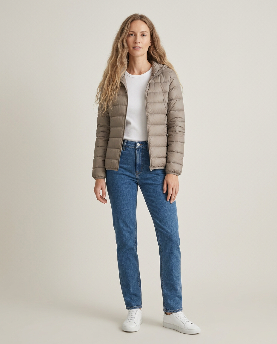 Bella Novelle gewatteerde jas met capuchon in taupe, staande pose