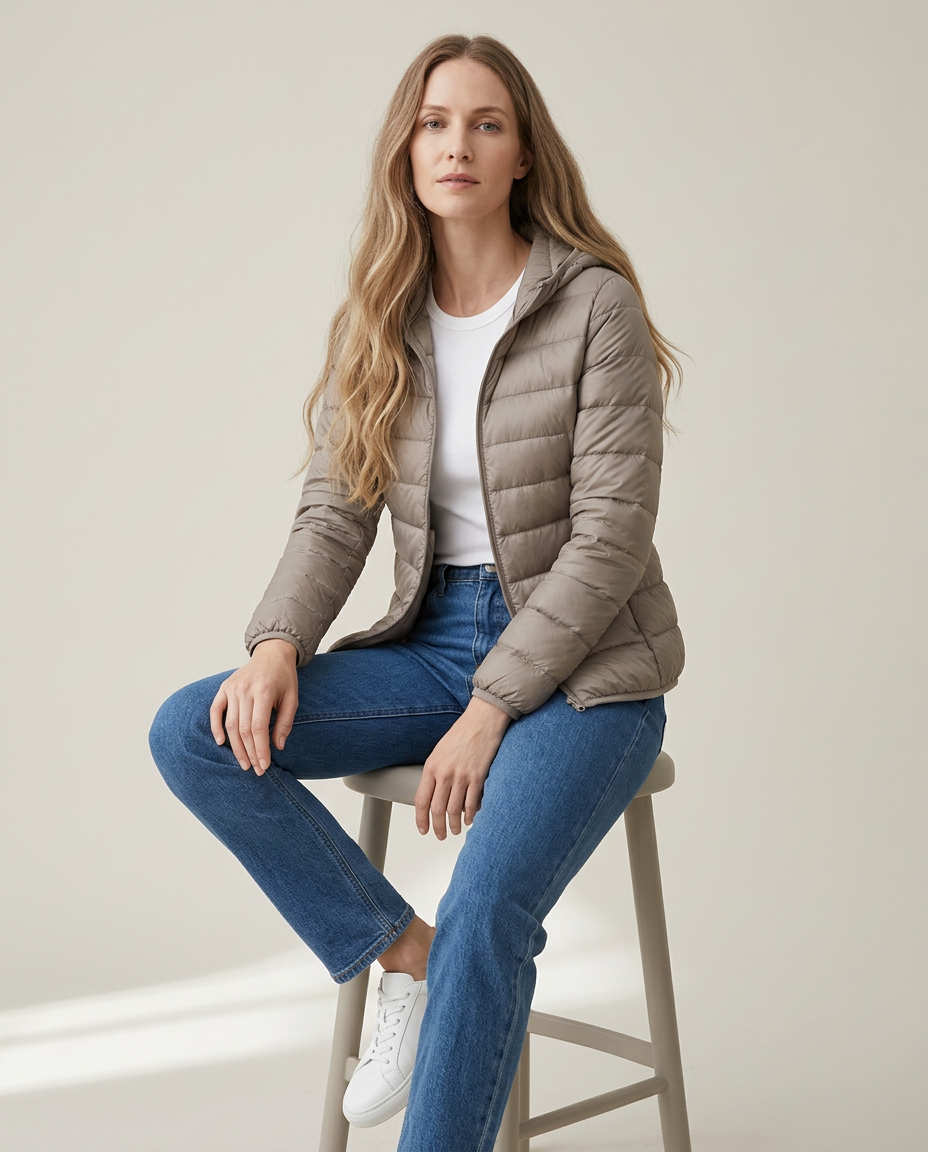 Bella Novelle gewatteerde jas met capuchon in taupe, zittende pose