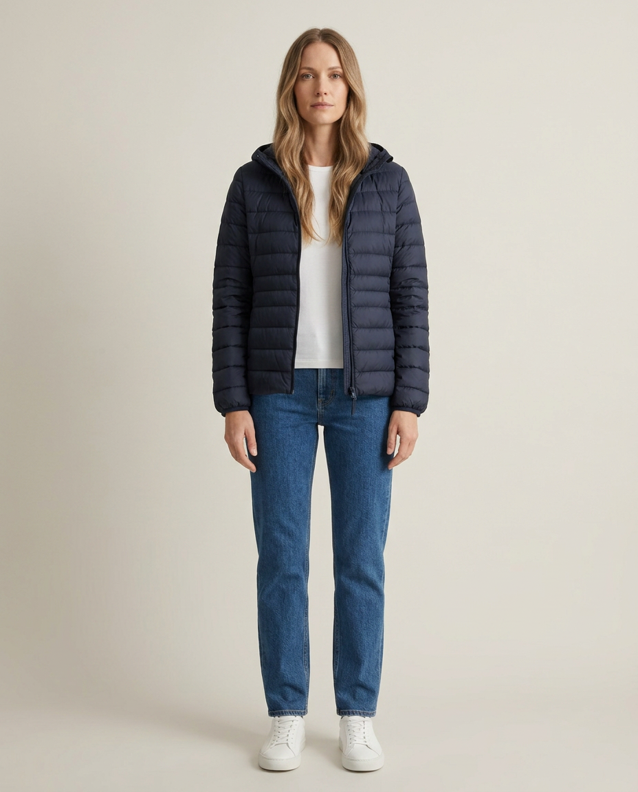 Bella Novelle gewatteerde jas met capuchon in marineblauw