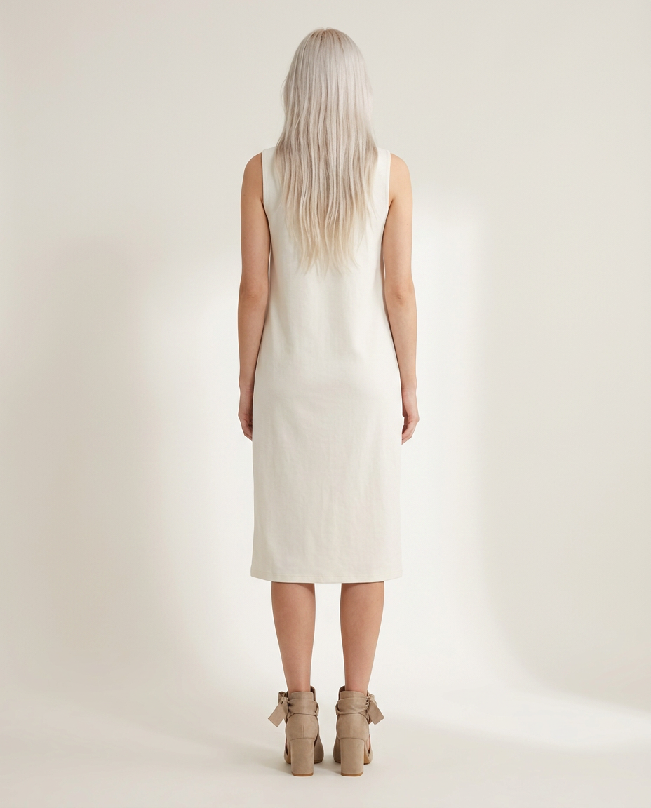 Beige enkellaarsjes met blokhak - achteraanzicht op model