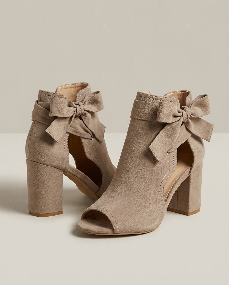 Beige enkellaarsjes met strikdetail en blokhak - productfoto