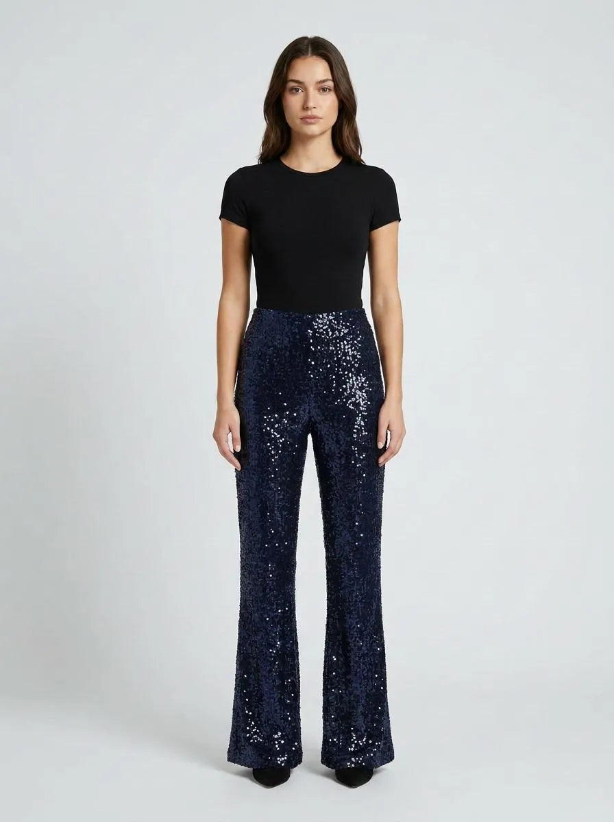 Bella Novelle Flare Broek Pailletten in Donkerblauw