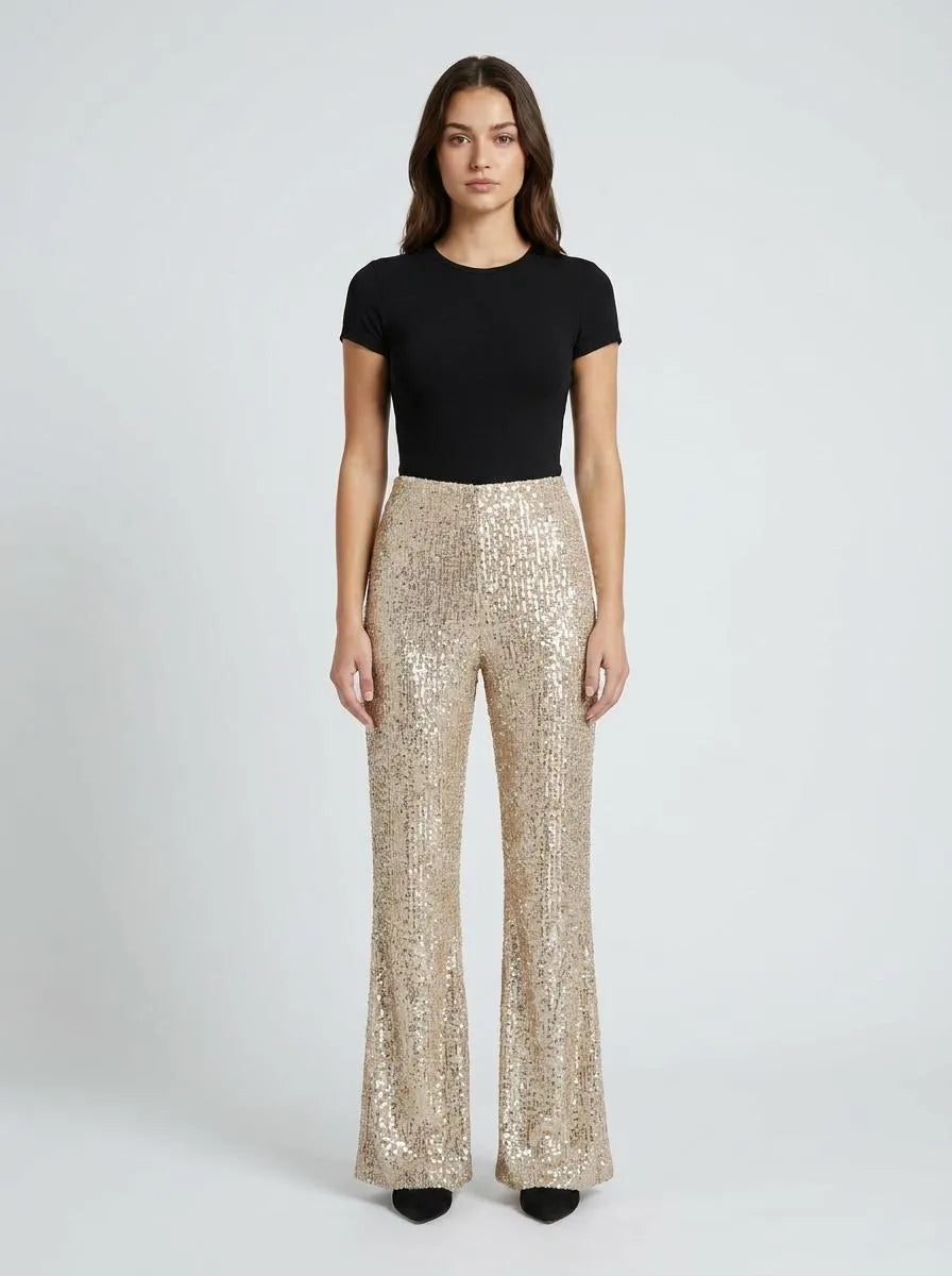 Bella Novelle Flare Broek Pailletten in Champagne