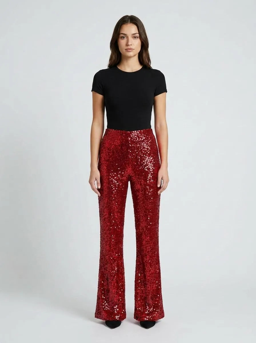 Bella Novelle Flare Broek Pailletten in Rood