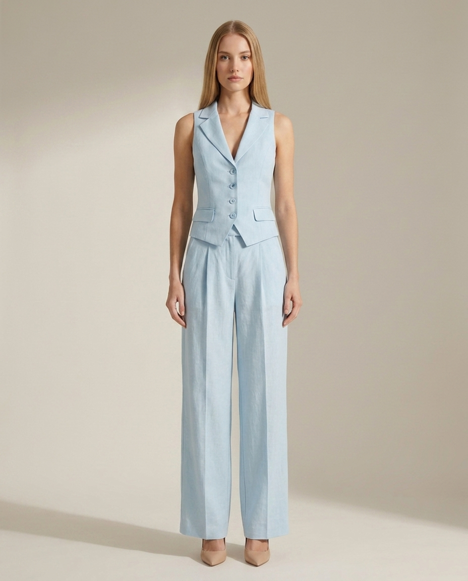 Gilet met V-hals en hoge taille broek set in lichtblauw
