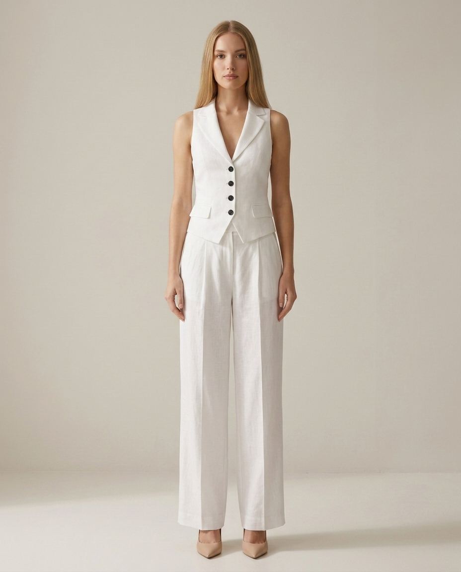 Gilet met V-hals en hoge taille broek set in wit