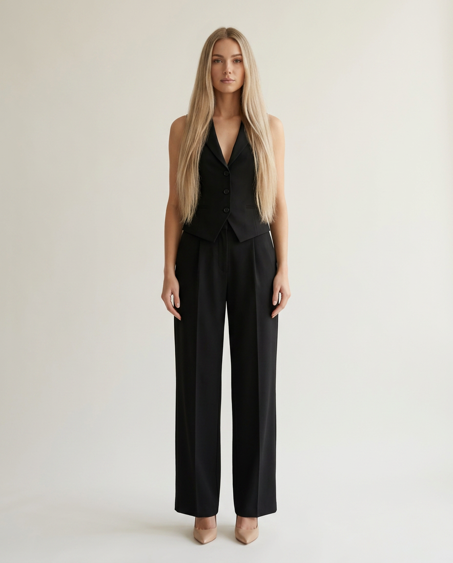 Gilet met V-hals en hoge taille broek set in zwart