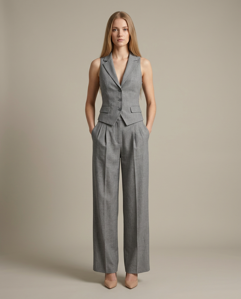 Gilet met V-hals en hoge taille broek set in grijs