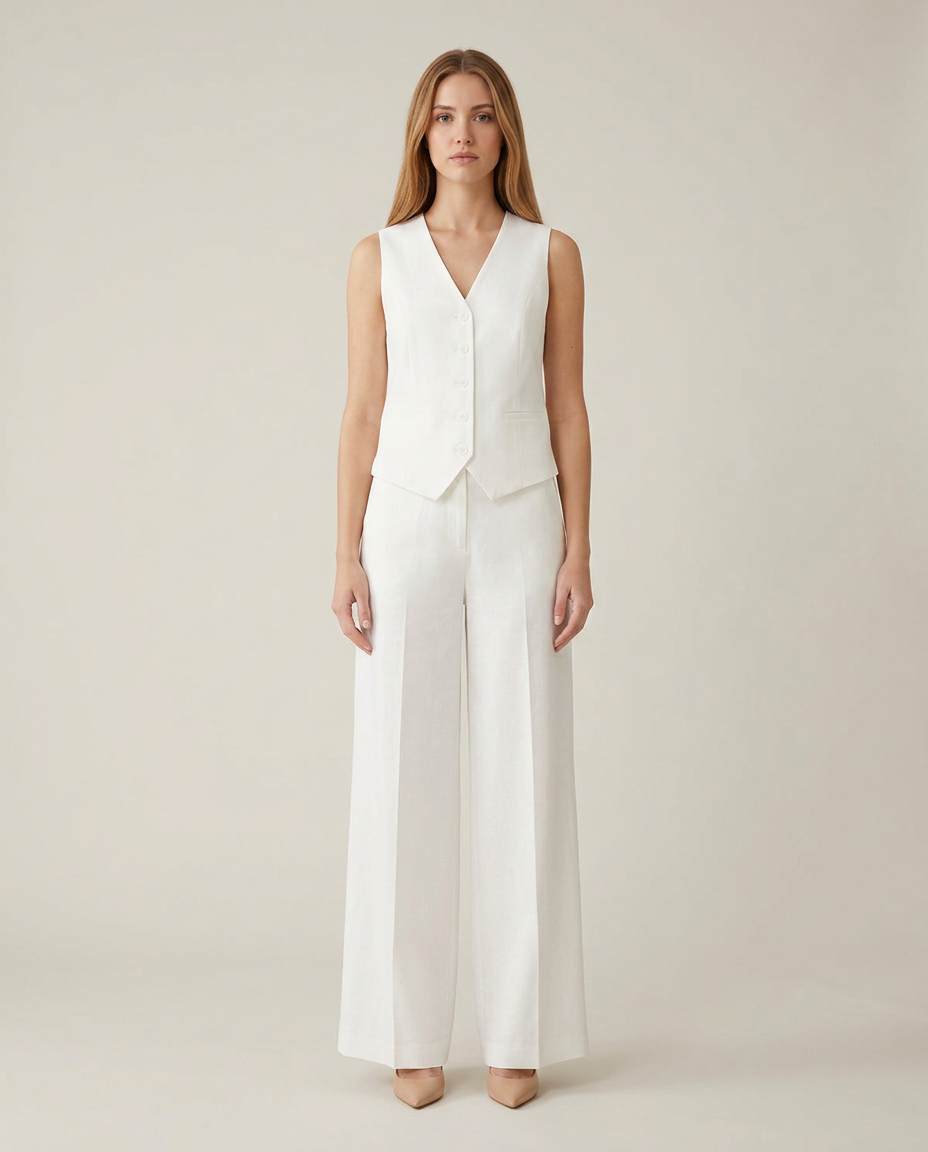 Gilet met wijde broek set in wit