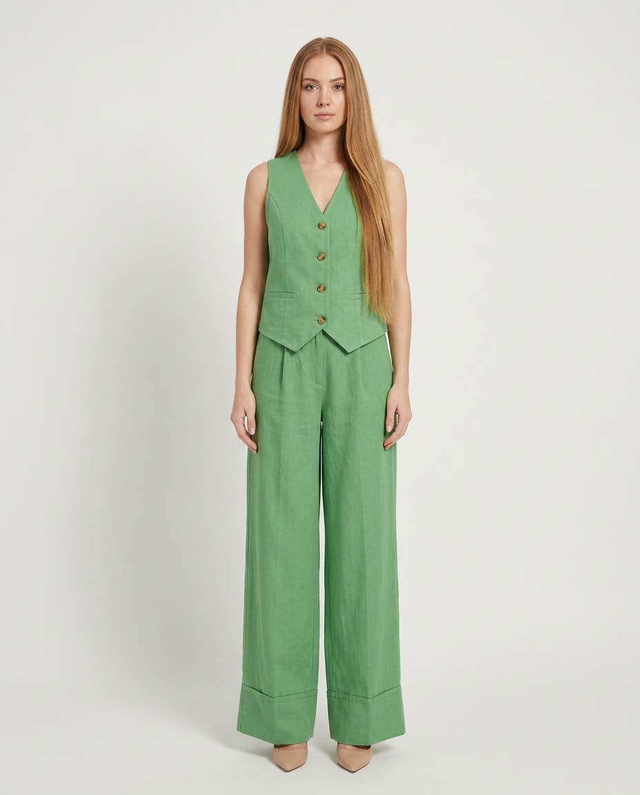 Gilet met wijde broek set in groen