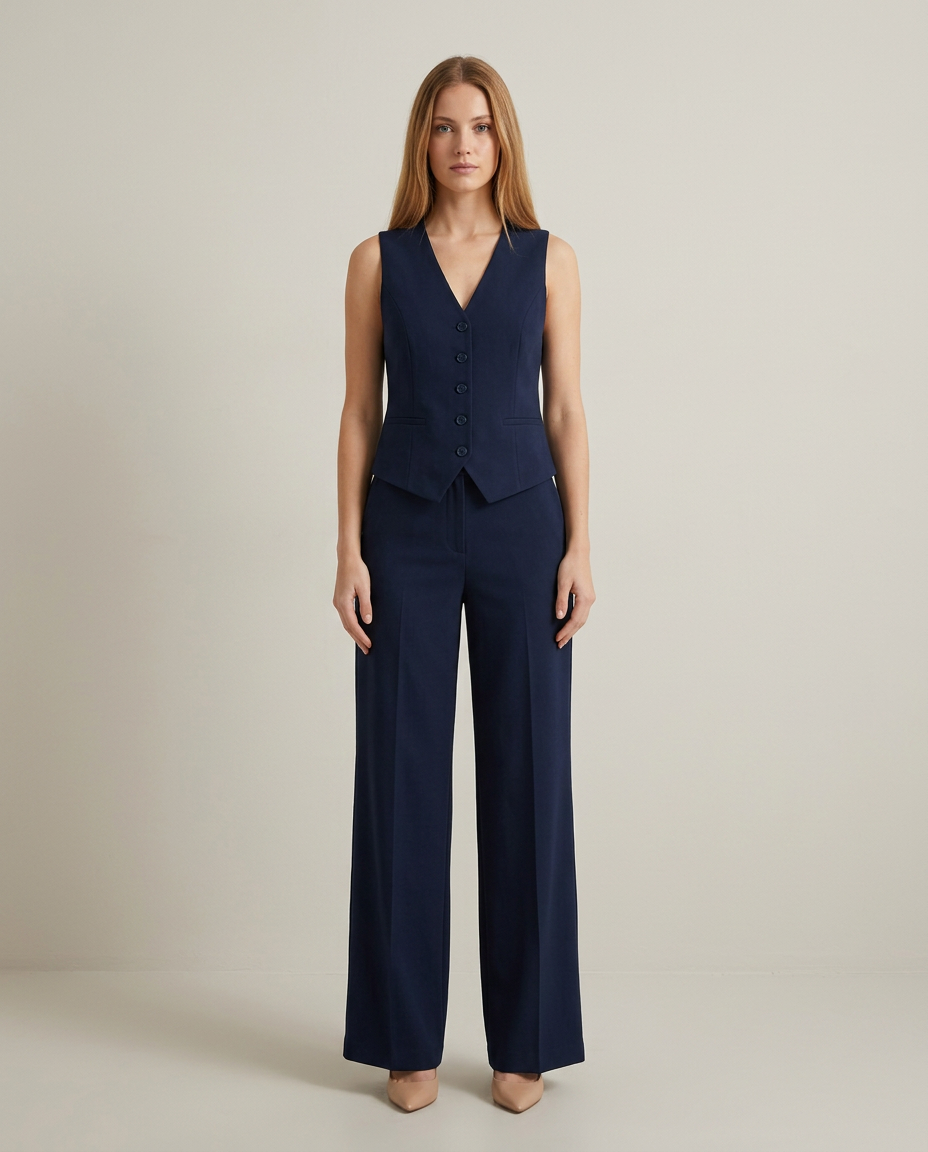 Gilet met wijde broek set in donkerblauw