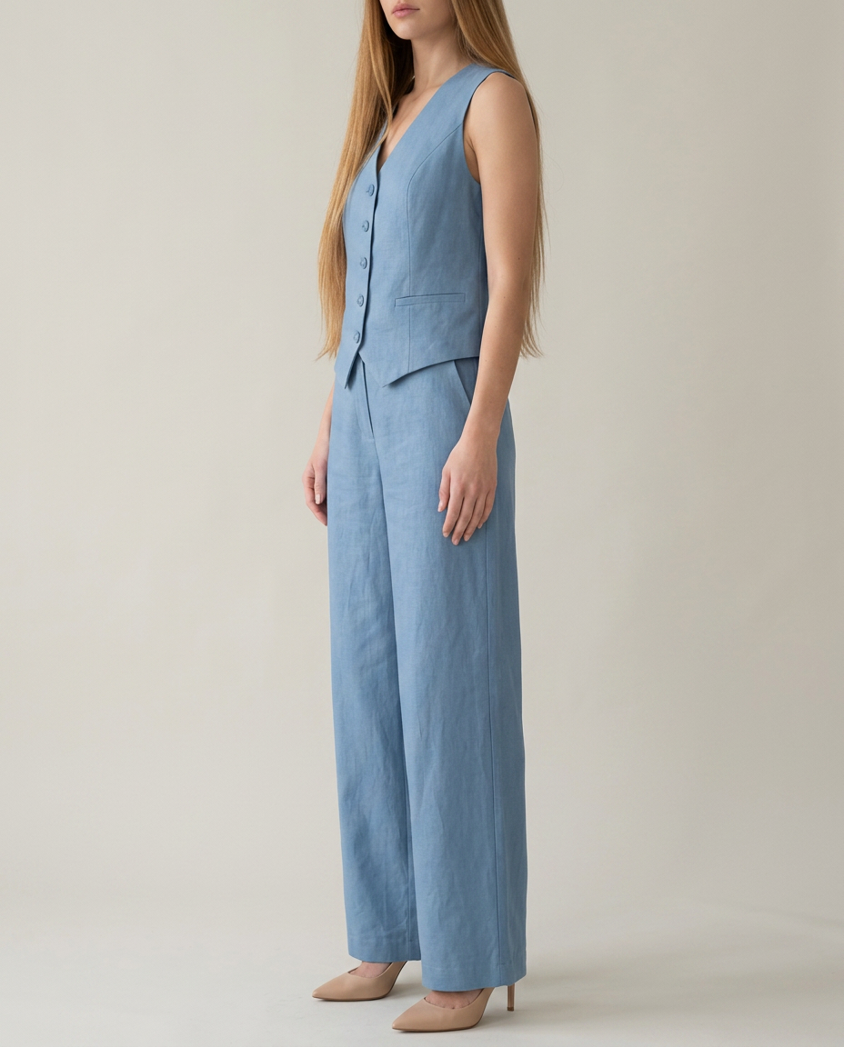Gilet-en-broekset in blauw - zijaanzicht