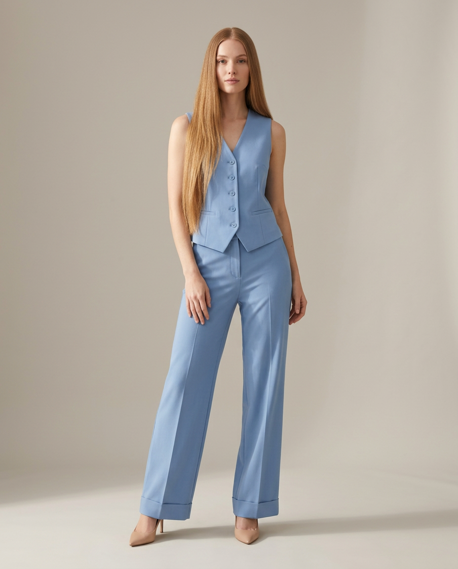 Gilet-en-broekset in blauw - staande pose