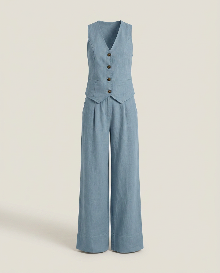 Gilet met wijde broek set in blauw - productfoto
