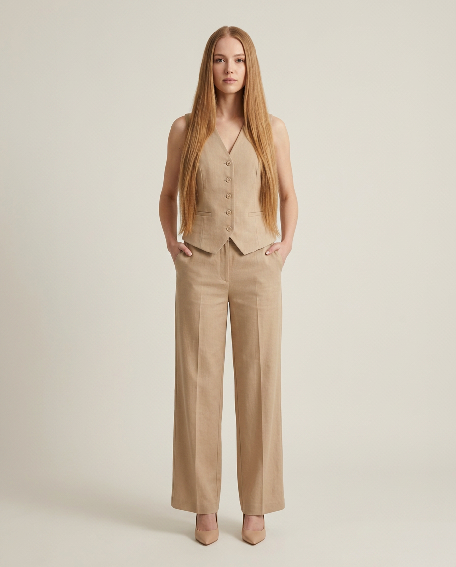 Gilet met wijde broek set in beige