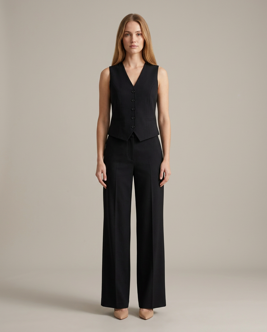 Gilet met wijde broek set in zwart