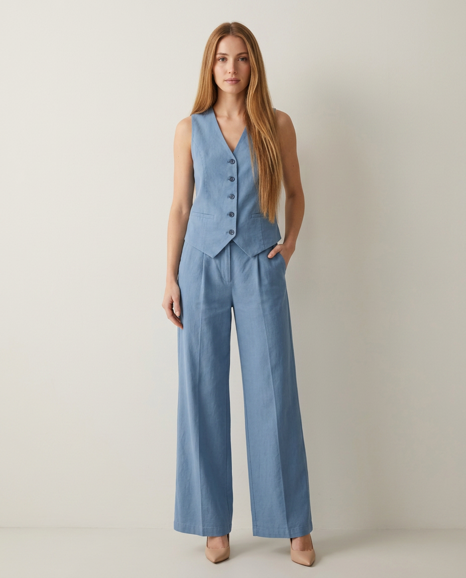 Gilet met wijde broek set in blauw - vooraanzicht