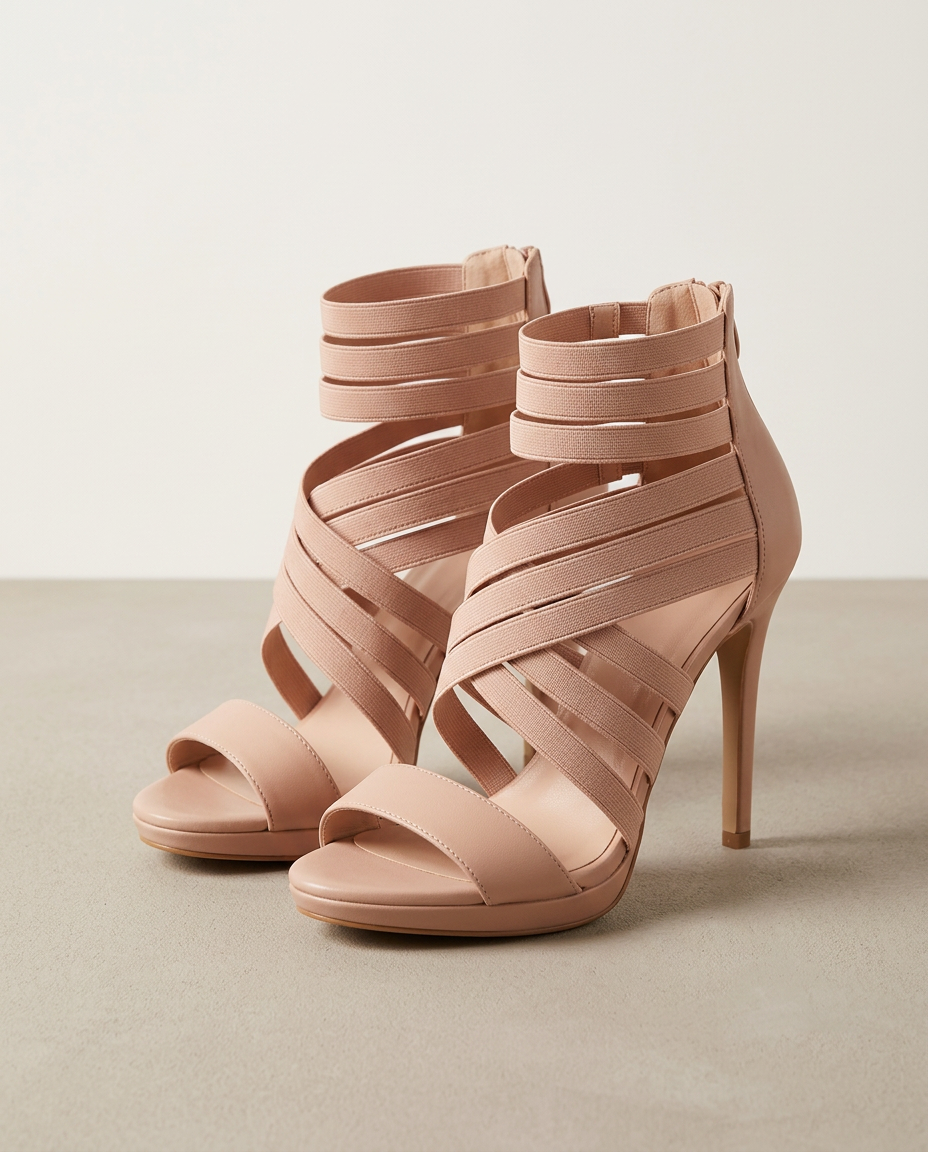 Naaktroze gladiator sandalen met hak en bandjes