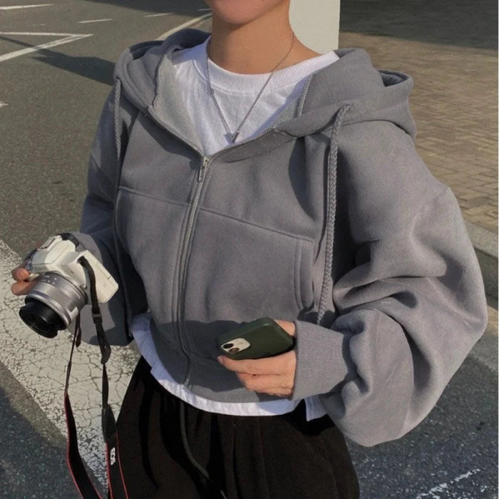 Bella Novelle cropped oversized hoodie met rits in donkergrijs