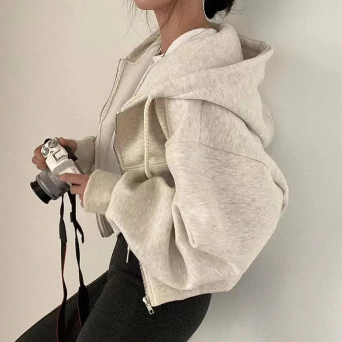 Bella Novelle cropped oversized hoodie met rits in crèmewit