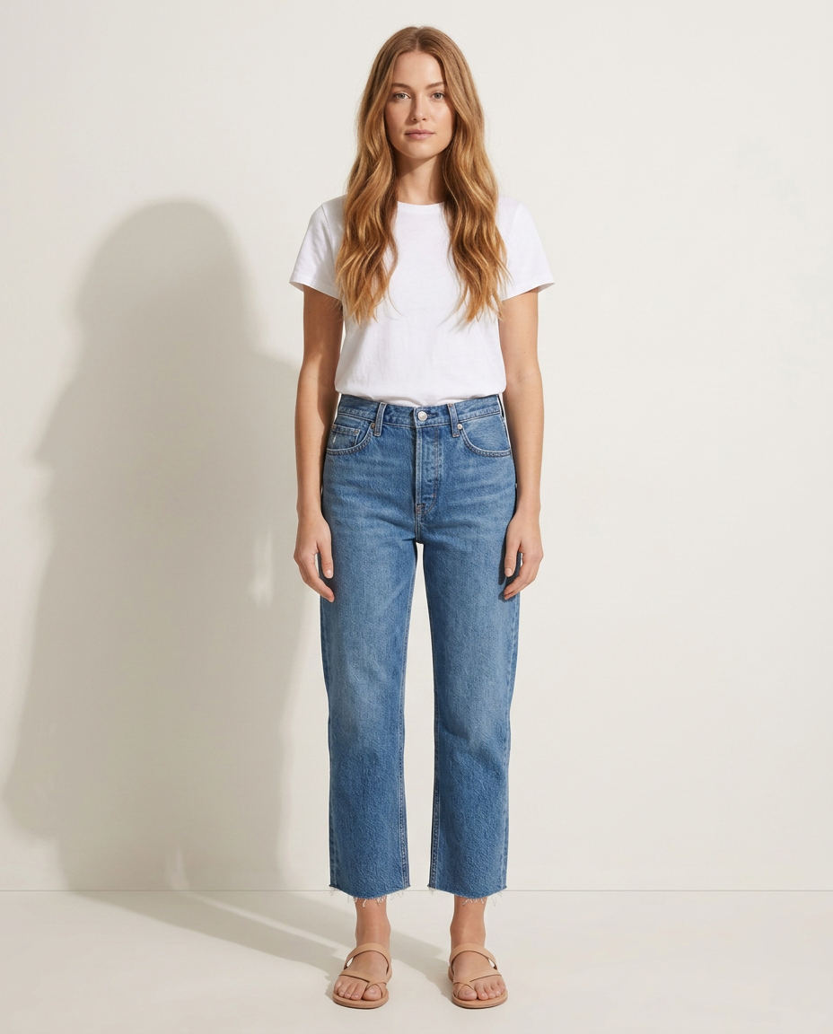 Cropped jeans met franjes in middenblauw