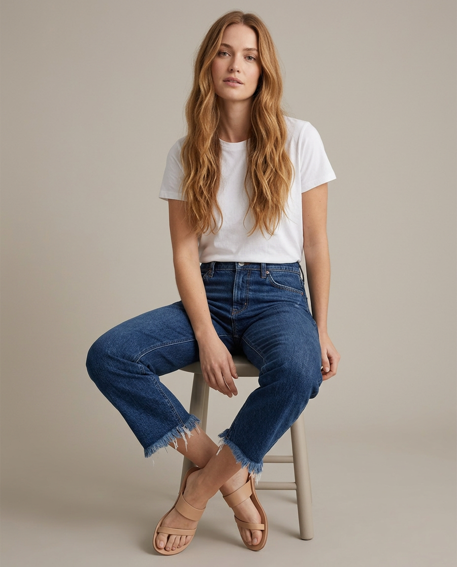 Cropped jeans in donkerblauw - zittende pose