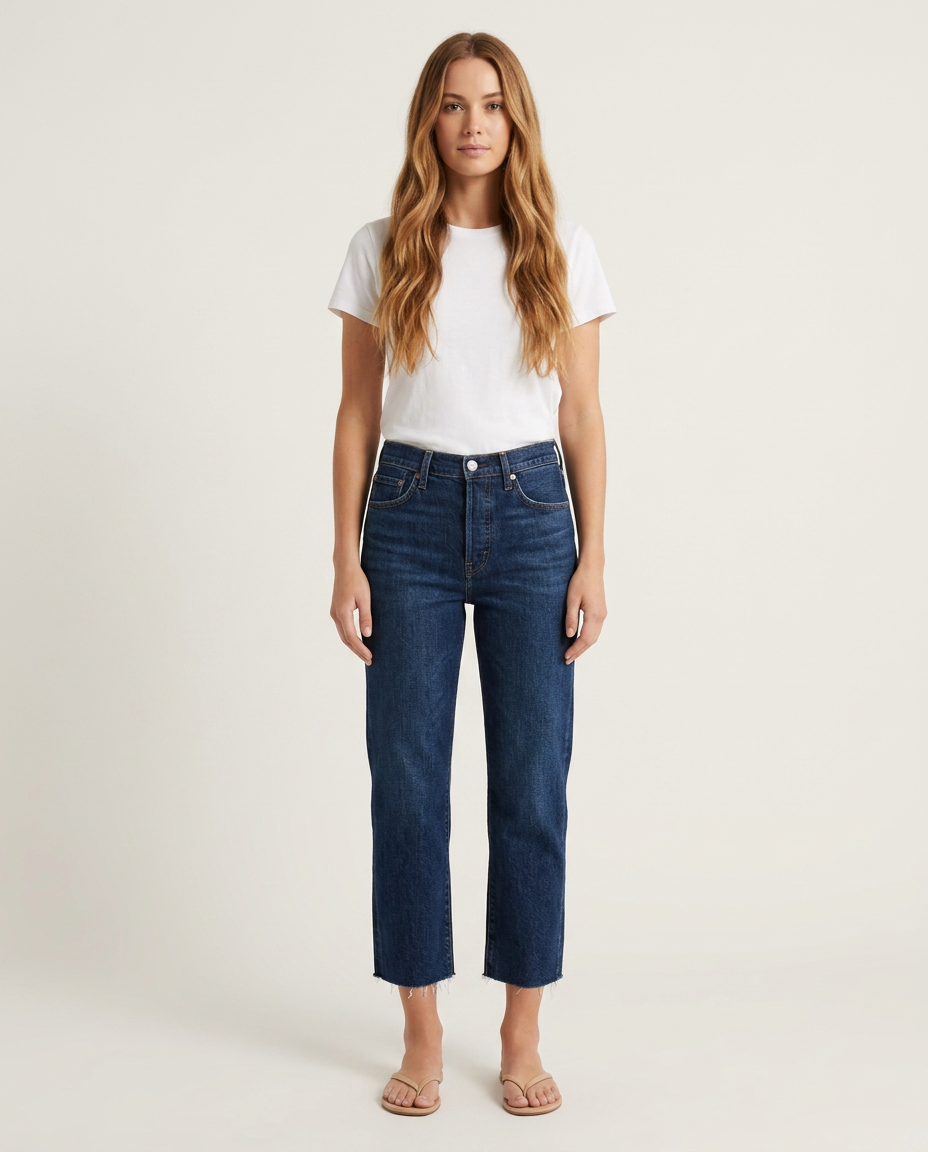 Cropped straight leg jeans met franjes in donkerblauw - vooraanzicht