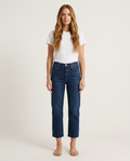 Cropped straight leg jeans met franjes in donkerblauw - vooraanzicht