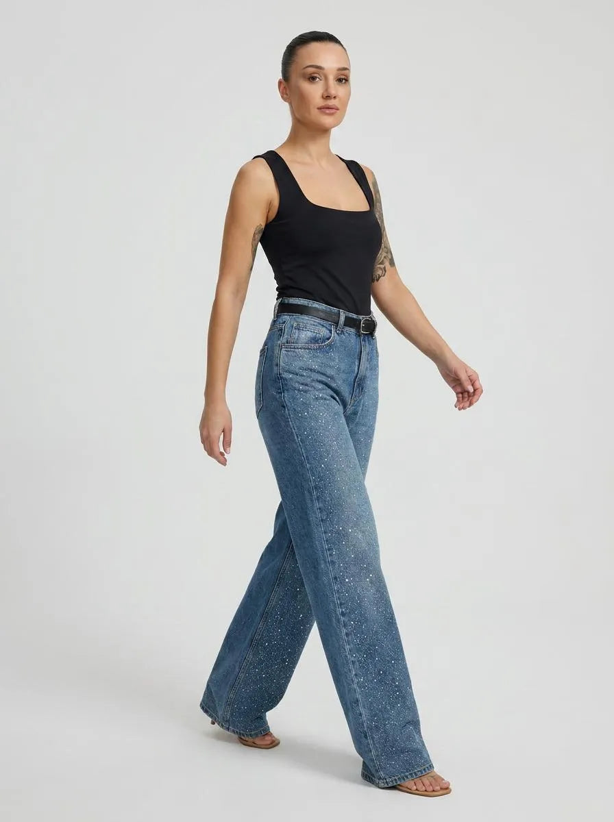 Bella Novelle Jeans Glitter Wide Leg - volledige lengte in beweging