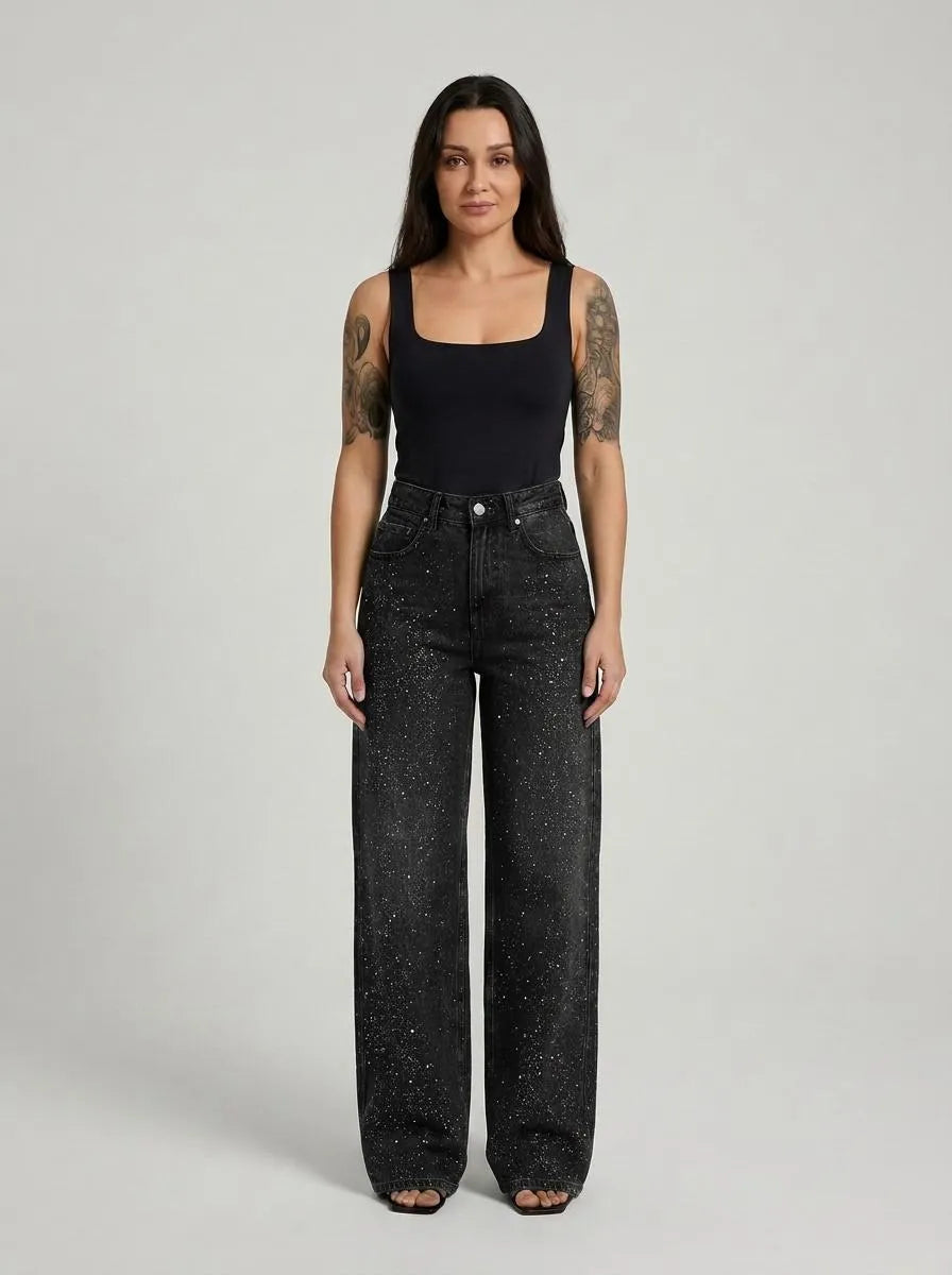 Bella Novelle Jeans Glitter Wide Leg in Zwart