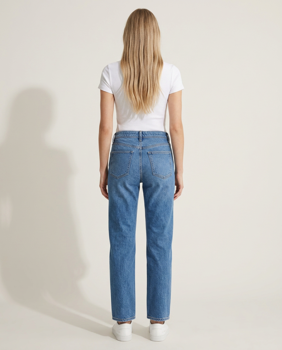 Jeans halfhoge taille rechte pijpen blauw achteraanzicht