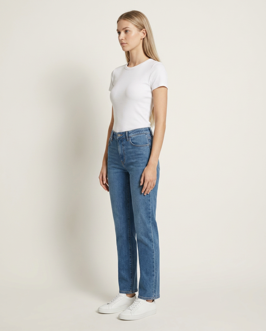 Jeans halfhoge taille rechte pijpen blauw zijaanzicht
