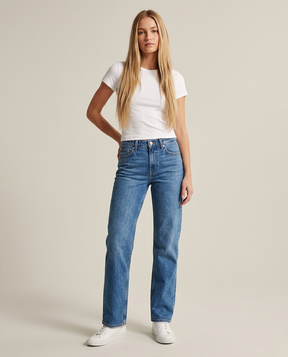 Jeans halfhoge taille rechte pijpen blauw staande pose