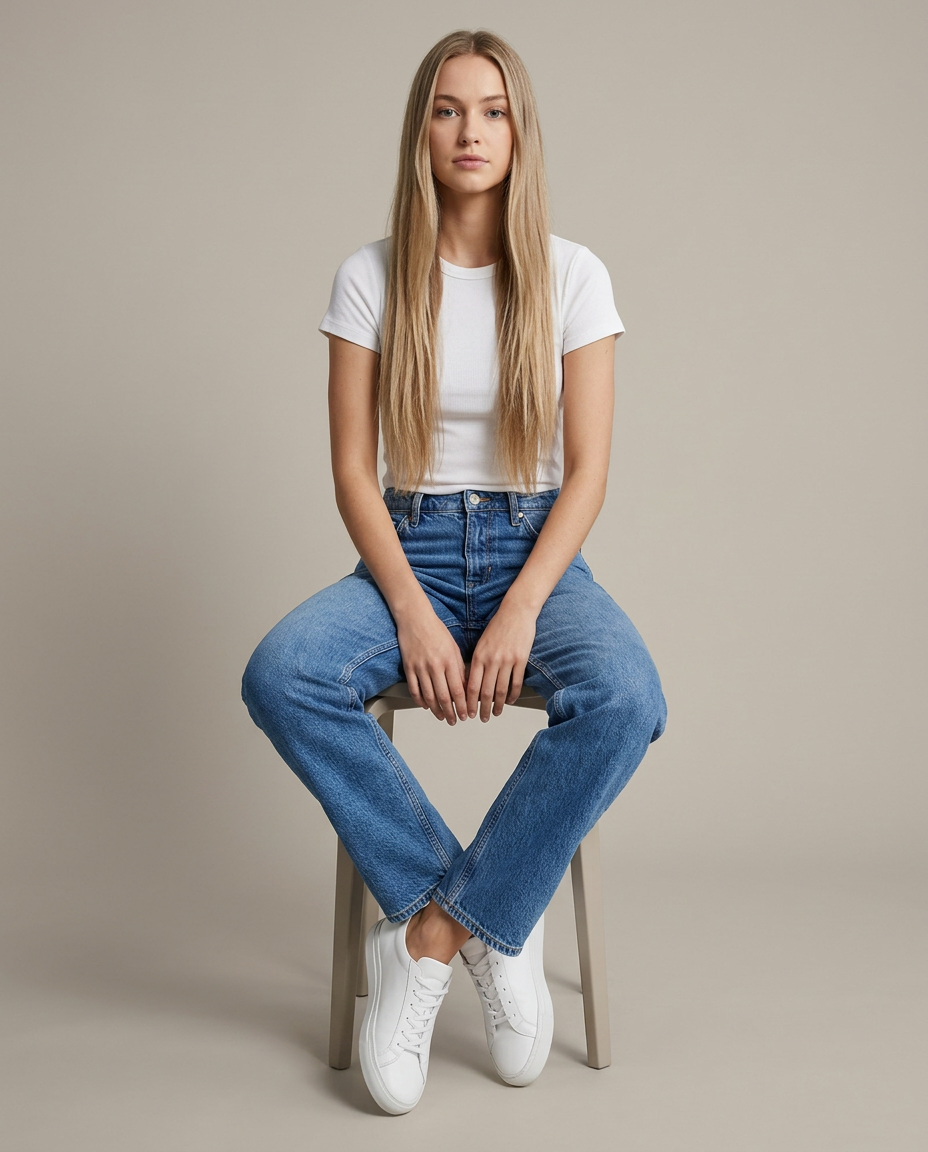 Jeans halfhoge taille rechte pijpen blauw zittende pose