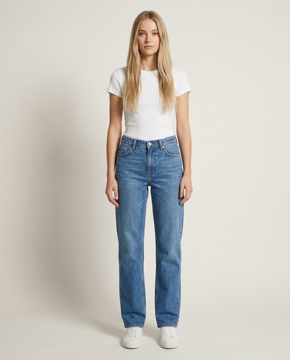 Jeans halfhoge taille rechte pijpen blauw vooraanzicht