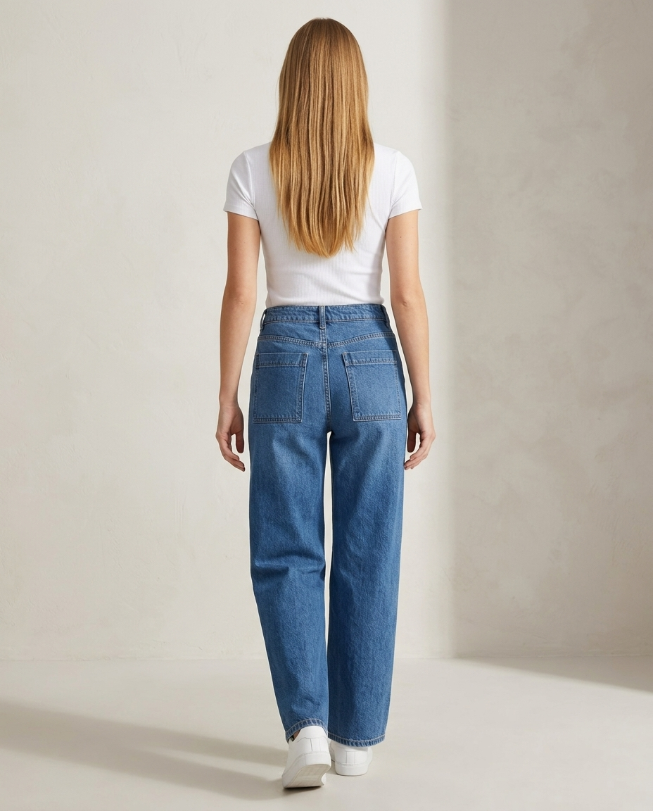 Bella Novelle jeans met opgezette zakken in blauw, achteraanzicht