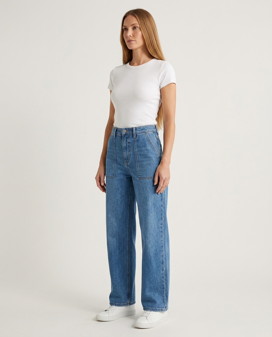 Bella Novelle jeans met opgezette zakken in blauw, zijaanzicht
