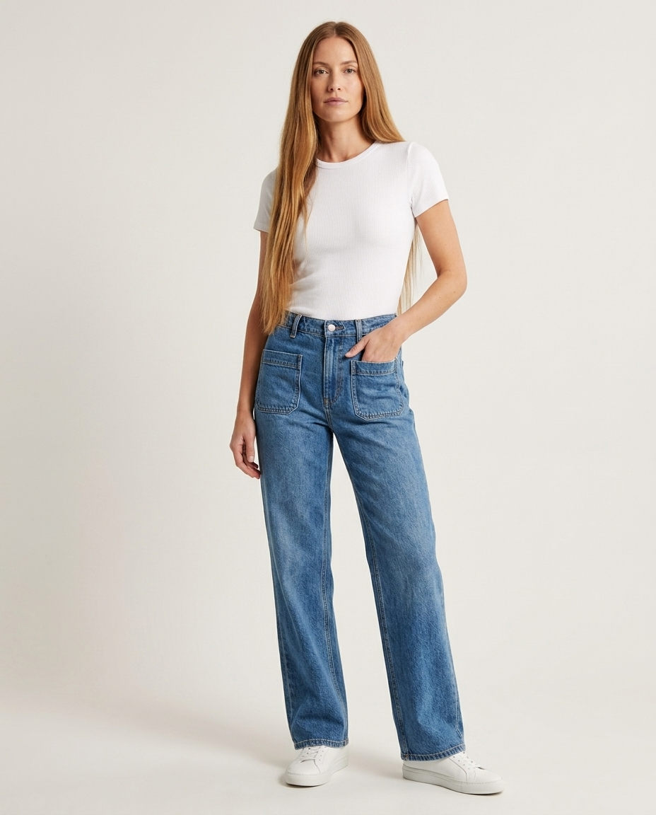 Bella Novelle jeans met opgezette zakken in blauw, staande pose