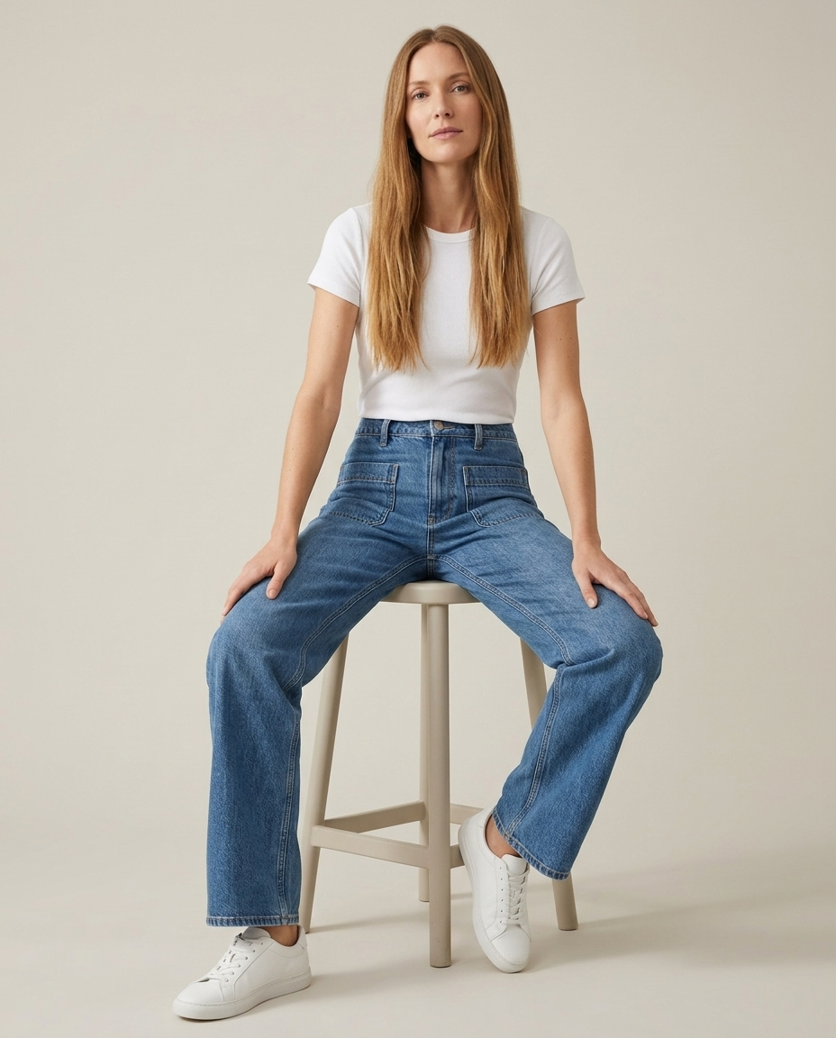 Bella Novelle jeans met opgezette zakken in blauw, zittende pose