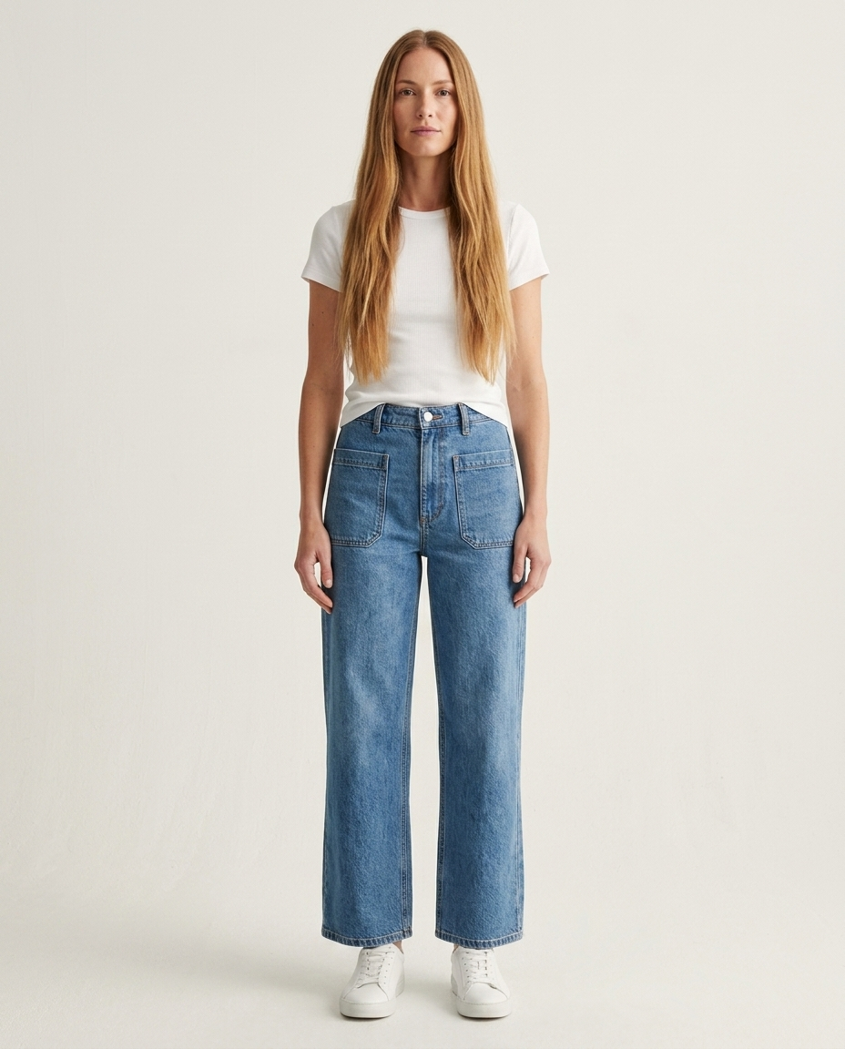 Bella Novelle jeans met opgezette zakken in blauw, vooraanzicht