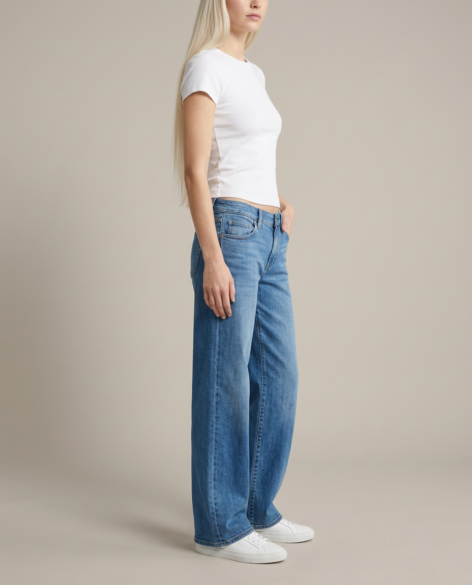 Bella Novelle jeans met wijde pijp in blauw, zijaanzicht