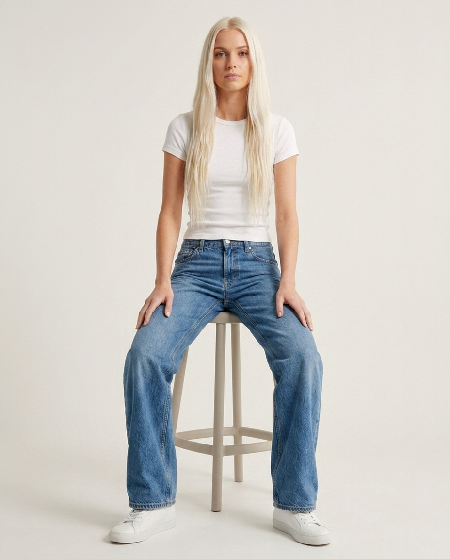 Bella Novelle jeans met wijde pijp in blauw, zittende pose
