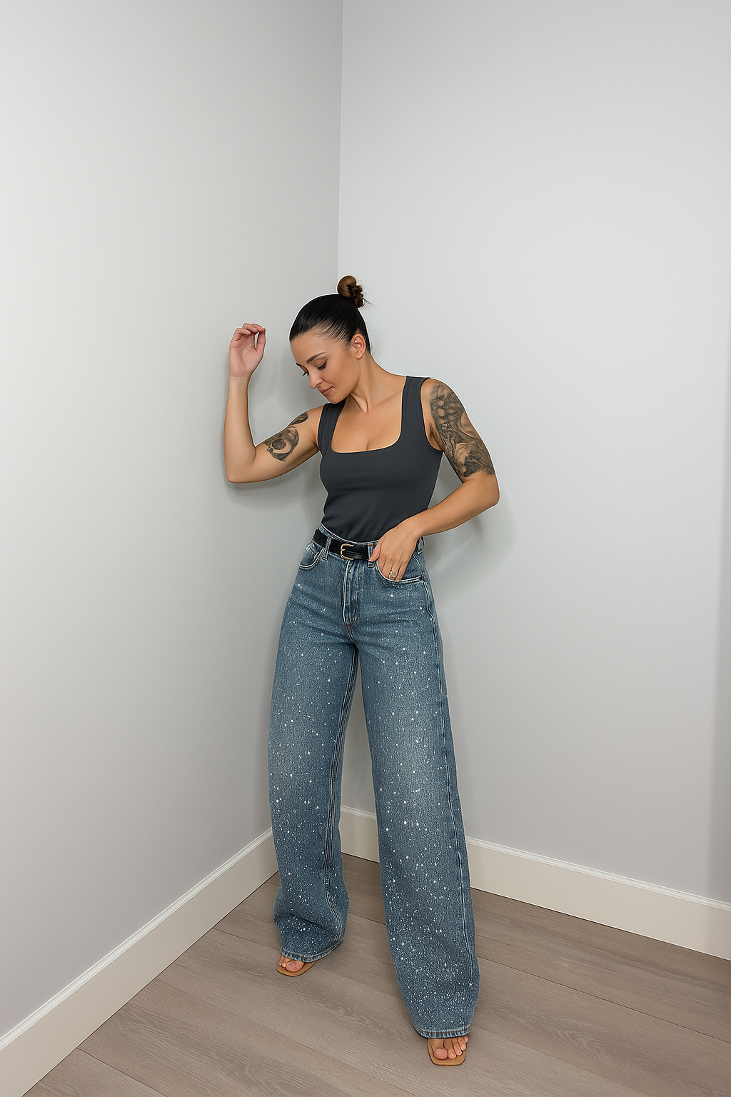 Bella Novelle wide leg jeans met glitter in blauw
