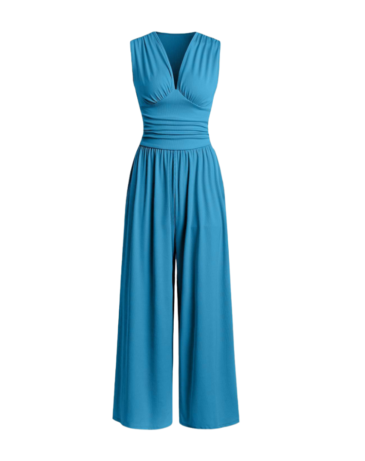 Bella Novelle jumpsuit met diepe V-hals en wijde pijpen, productfoto