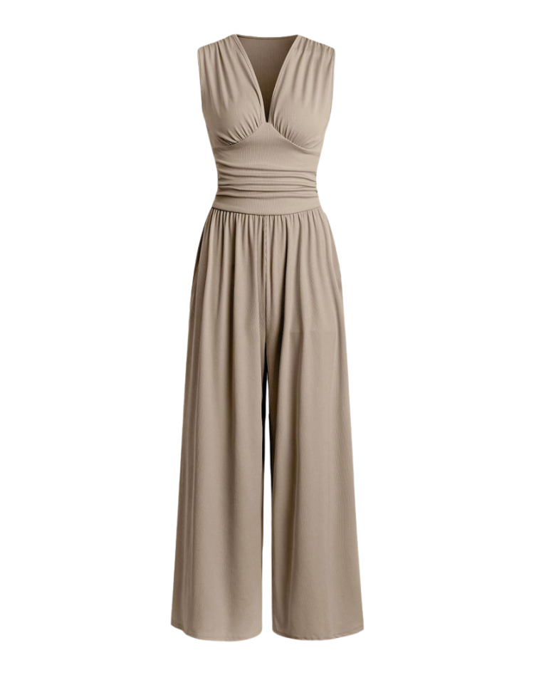 Bella Novelle jumpsuit met diepe V-hals en wijde pijpen, productfoto