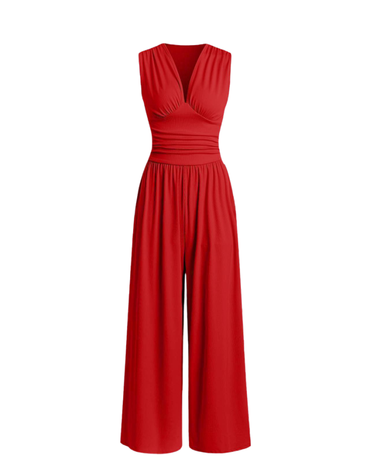 Bella Novelle jumpsuit met diepe V-hals en wijde pijpen, productfoto
