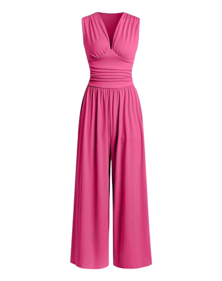 Bella Novelle jumpsuit met diepe V-hals en wijde pijpen, productfoto