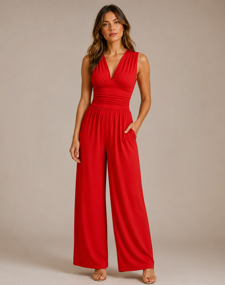 Bella Novelle jumpsuit met diepe V-hals en wijde pijpen in rood