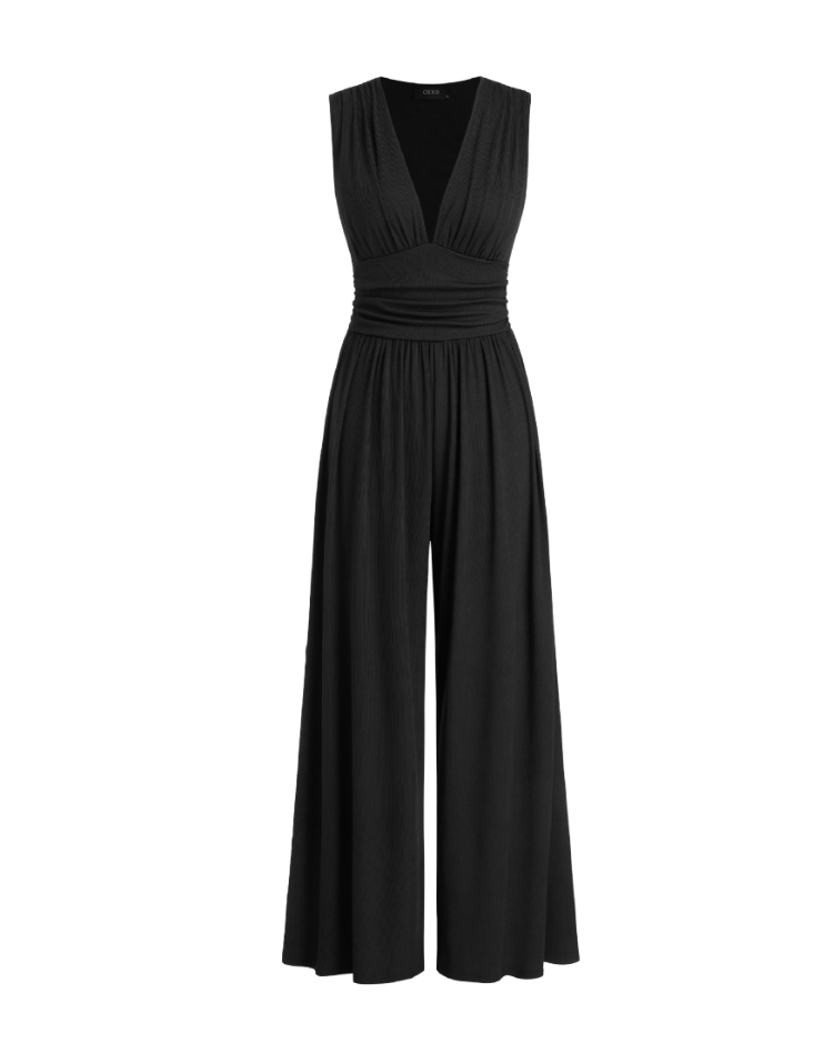Bella Novelle jumpsuit met diepe V-hals en wijde pijpen, productfoto