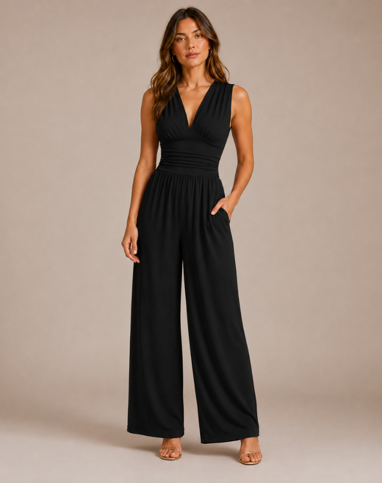 Bella Novelle jumpsuit met diepe V-hals en wijde pijpen in zwart